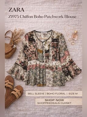 ZARA Z1975 Chiffon Boho Patchwork Blouse Bell Sleeve
